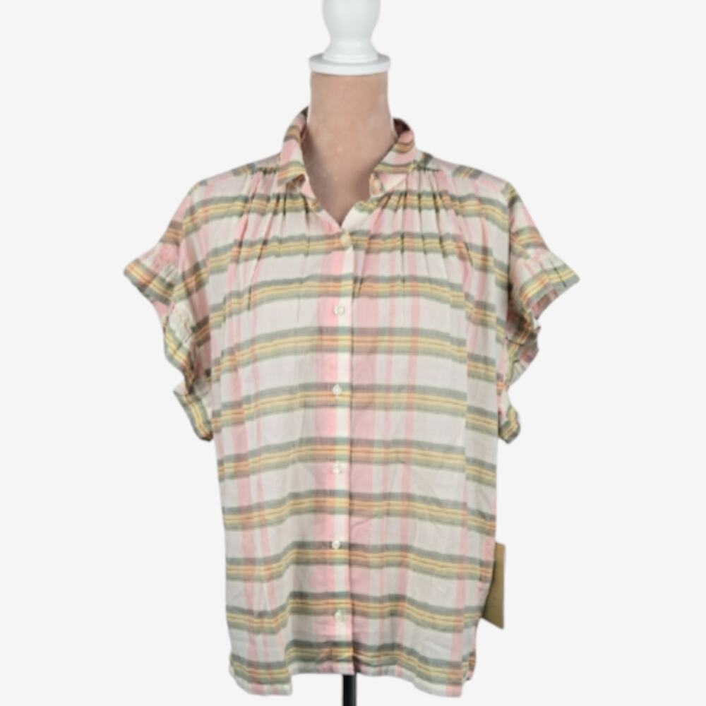 NWT Anthropologie Trovata Marianne Ruffle Sleeve Shirt Pomelo Plaid Large